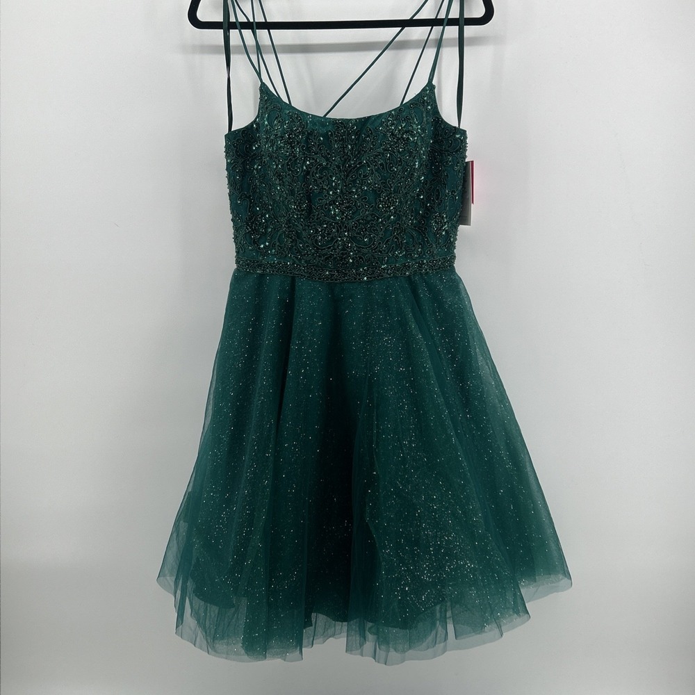 NWT Size 12 Emerald Green Beaded Homecoming Dress Glitter Tulle A-Line